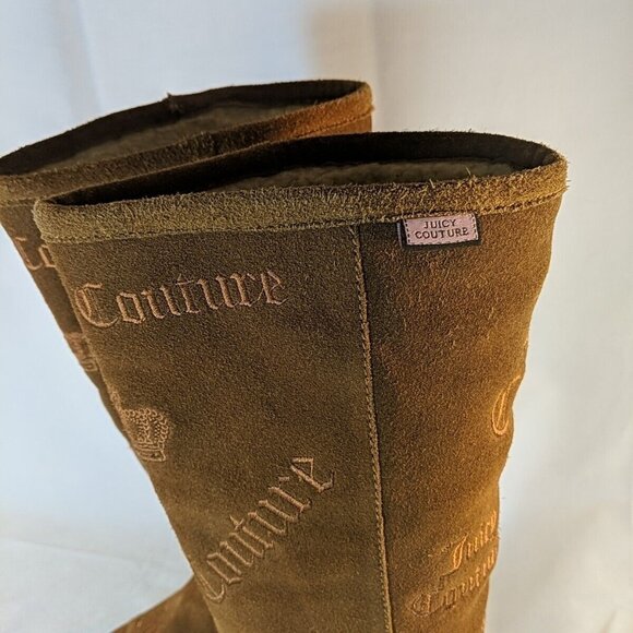 Juicy Couture Brown Faux Suede Moccasin Boots Knee High Tan Embroidered Y2K 8.5 - Picture 3 of 16
